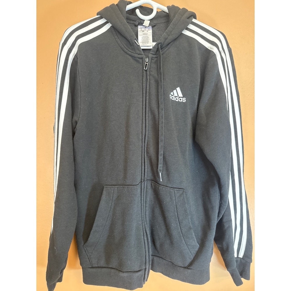 Adidas Mens Essentials 3-Stripes Full Zip Hoodie Black White Fleece Size Medium